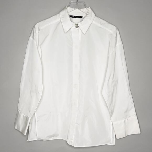Zara S Womens Jewel Button Oversized Button Front Shirt Long Sleeve *flaw - Picture 2 of 11